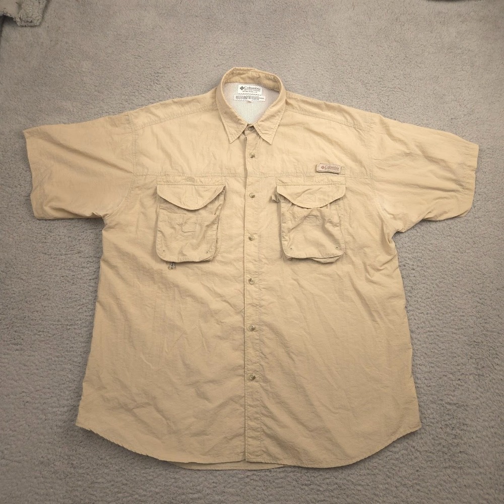 Columbia Mens PFG‎ Fishing Shirt XL Beige Vented Nylon Short Sleeve Outdoor Top